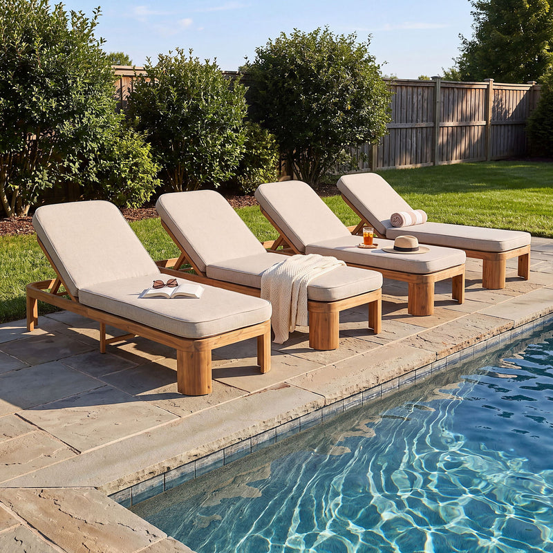 Outdoo Chaise Lounge With Cushion, 5 Position Adjustable Backrest (Set of 4) - Beige / Teak