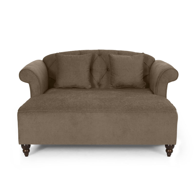 Upholstered Chaise Lounge With Scroll Arms, Turned Legs And 2 Pillows