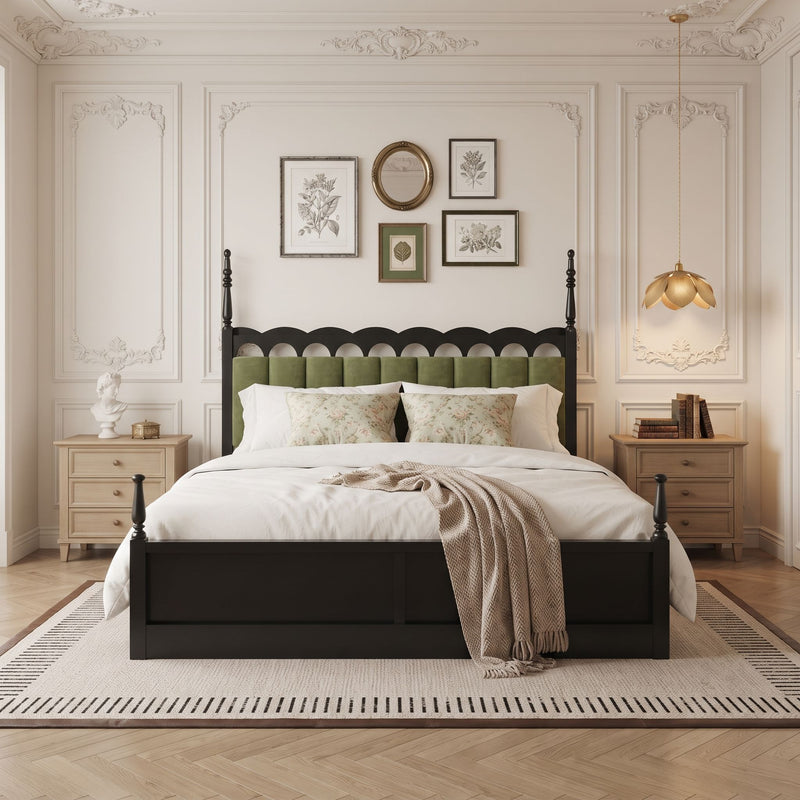 Platform Bed Frame With Tufted Upholstered Scallop Headboard