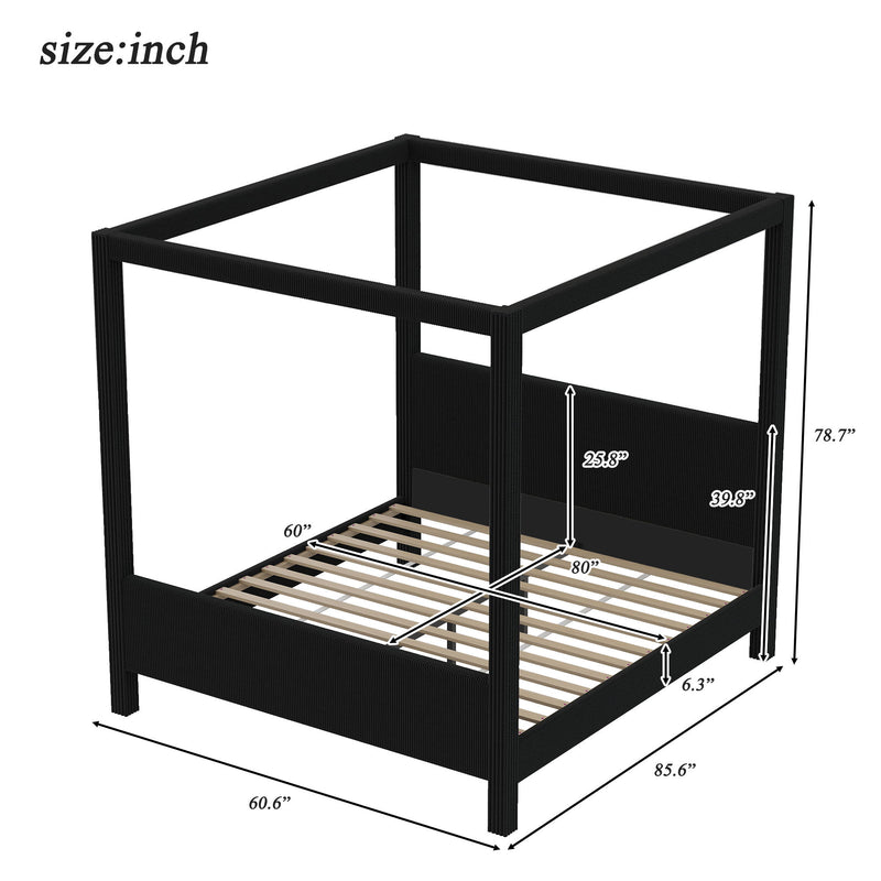 Upholstered Canopy Platform Bed With Headboard And Footboard, Vertical Ribbed Design