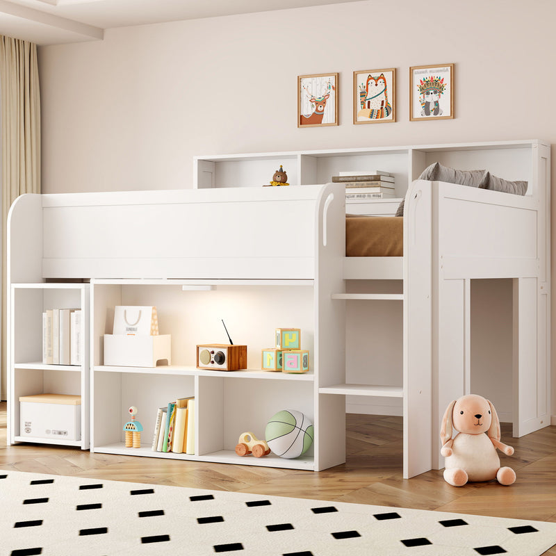 Loft Bed With Built-In Desk, LED Lighting, And Multiple Storage Shelves