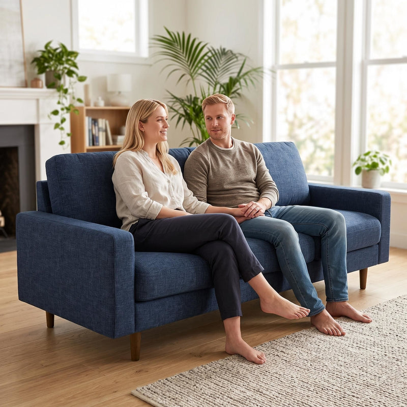 3 Seater Sofa With Loose Back Cushions And Accent Pillows For Living Room - Dark Blue