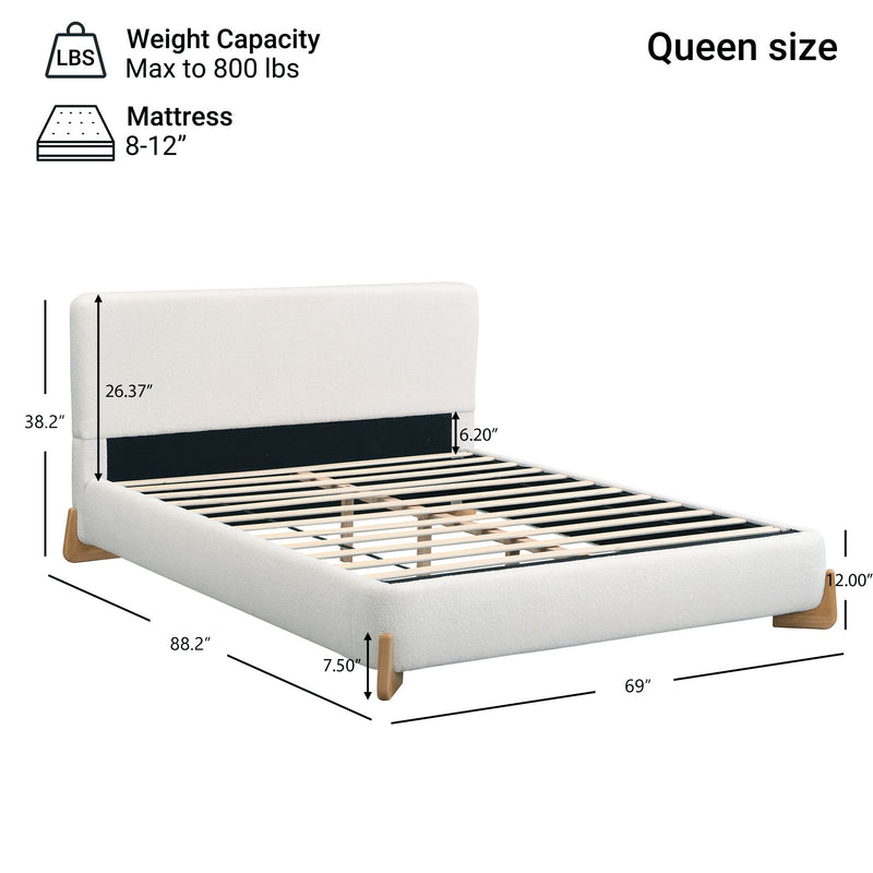 Queen Size Upholstered Bed With 12 Slats Support - White