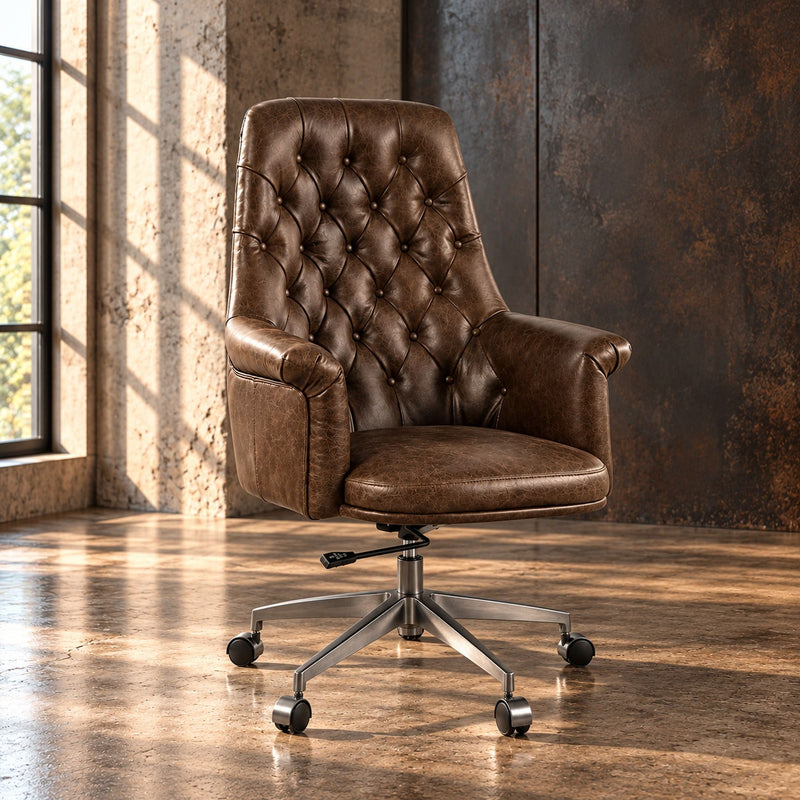 Dasan Dark Brown Top Grain Leather & Iron Swivel Office Chair