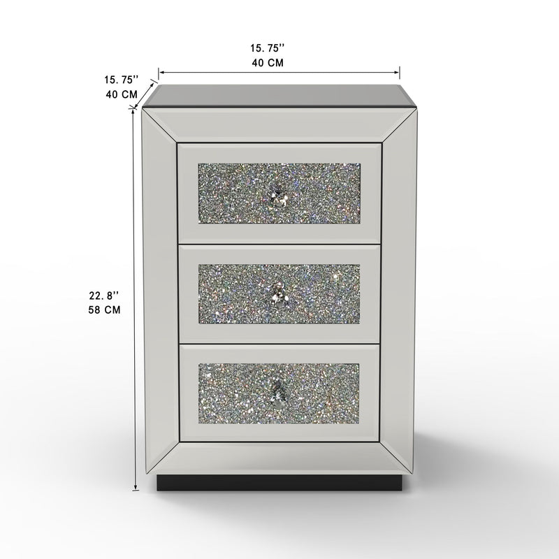 3 Drawer Nightstand With Glass Accents, Bedside Table For Bedroom - Silver