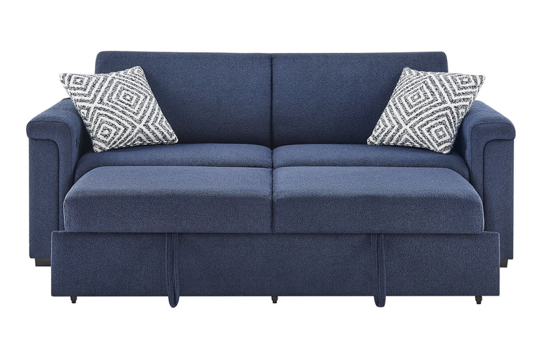 U0211 - Pull Out Sofa Bed With Wooden Bookcase Arm With LED Acrylic Shelves And Speakers - Navy