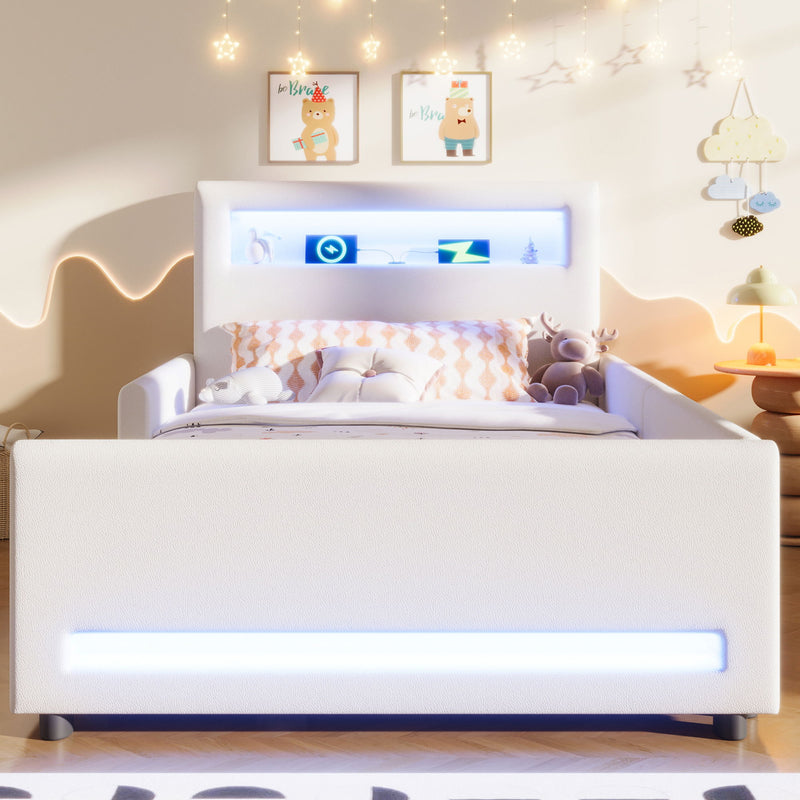 Upholstered Platform Bed With Drawer, LED Light Strip, USB Port