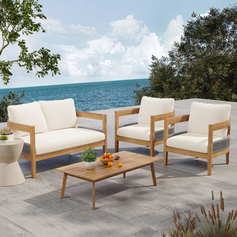 Porto - Outdoor 4 Piece Chat Set, Comfortable Seating, Acacia Wood And Rope, Compact Dimensions - Teak / Beige