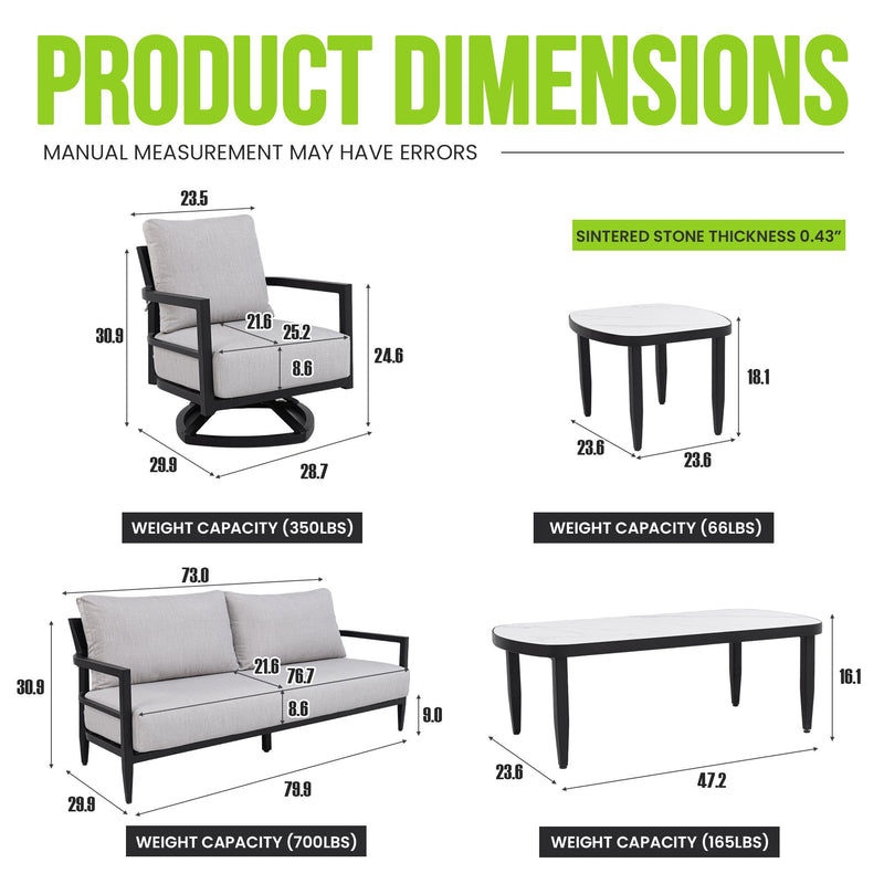 Outdoor Conversation Set With Chairs, Bench Sofa, Tables, Sunbrella Cushions