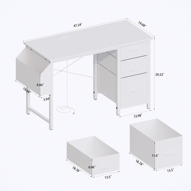 Office Desk With Power Outlet, 3 Drawers And Side Pocket For Office - White