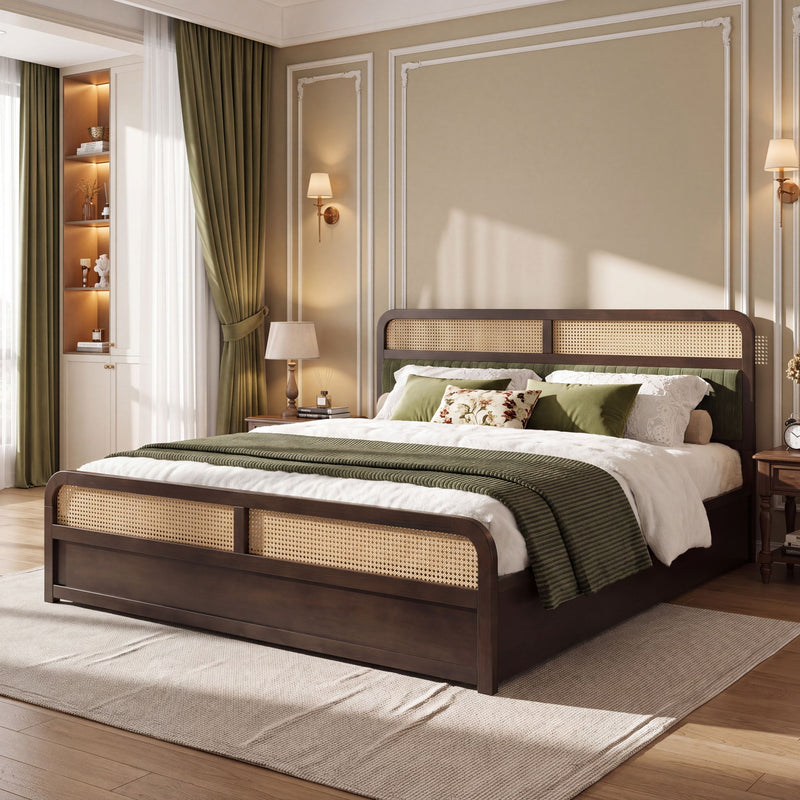 Platform Bed Frame With Rattan & Upholstered Headboard