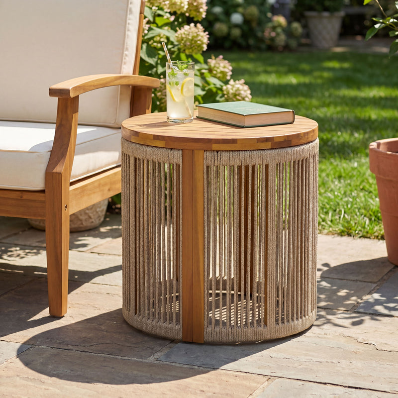 Round Side Table With Rope Detail For Patio - Brown / Teak