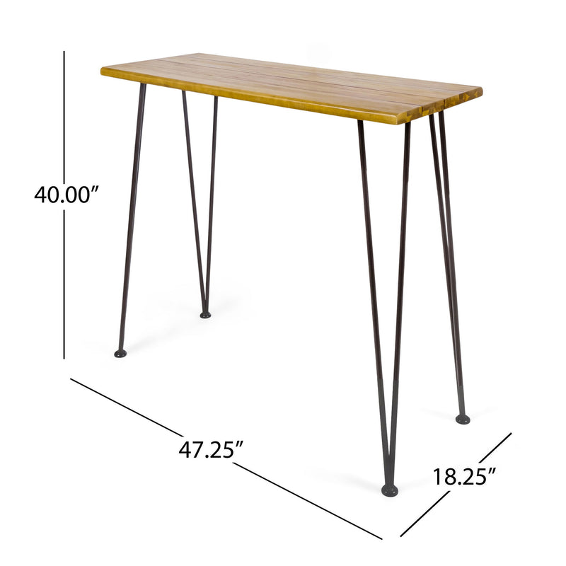 Dione Outdoor Industrial Acacia Wood Bar Set With Metal Frame And Slat Paneling - Brown