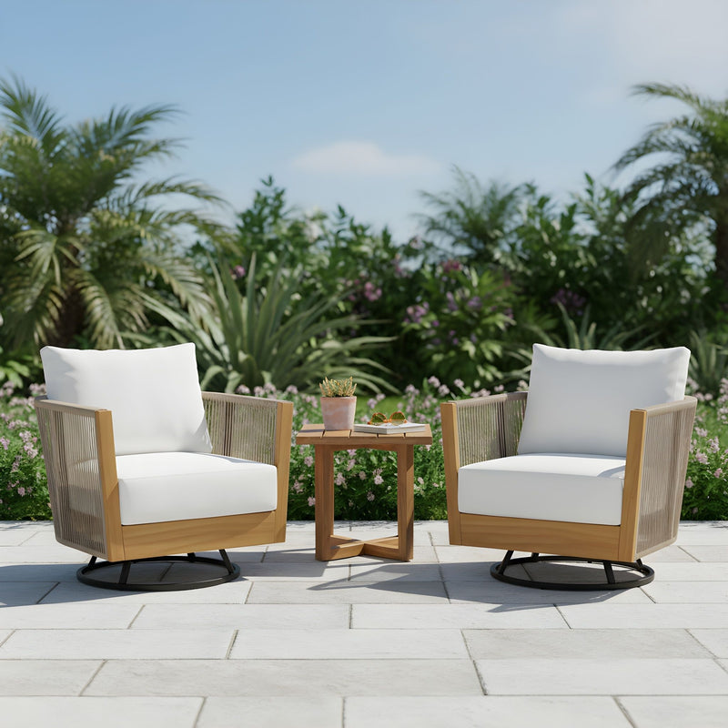 2 Swivel Chairs With Slat Top X Stretcher Side Table - Acacia Wood / Beige