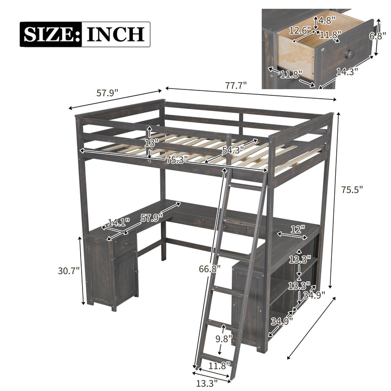 Loft Bed With U-Shaped Desk, Drawers, And Storage Shelves