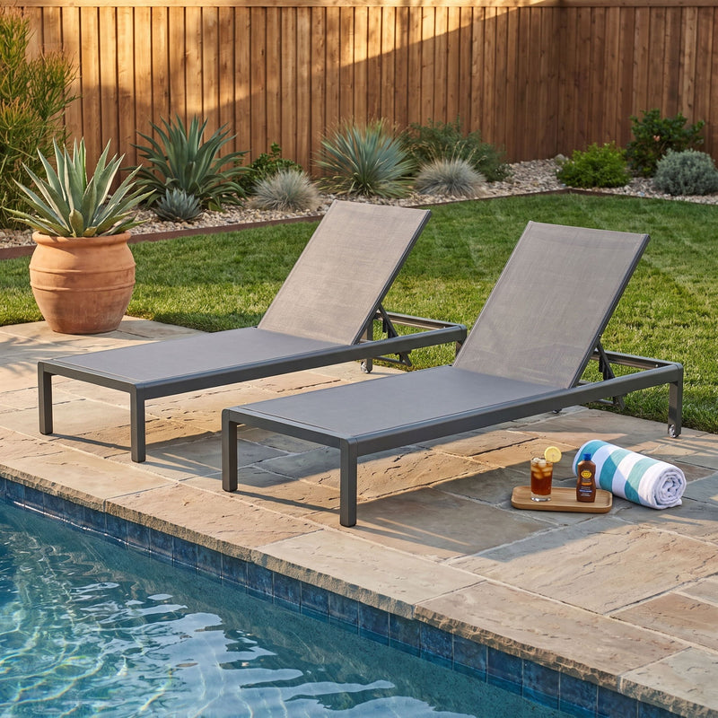 Outdoor Chaise Lounge, Patio Chaises With 5‑Position Adjustable Backrest & Wheels (Set of 2) - Dark Gray / Gray