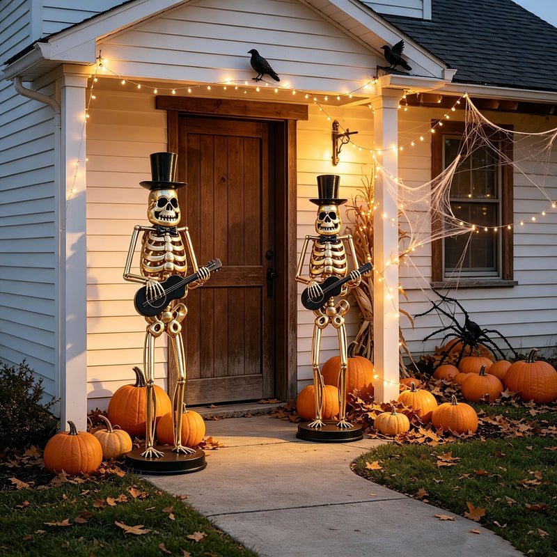 Skeleton Musician Statue, For Halloween Indoor Outdoor Party Display - Gold