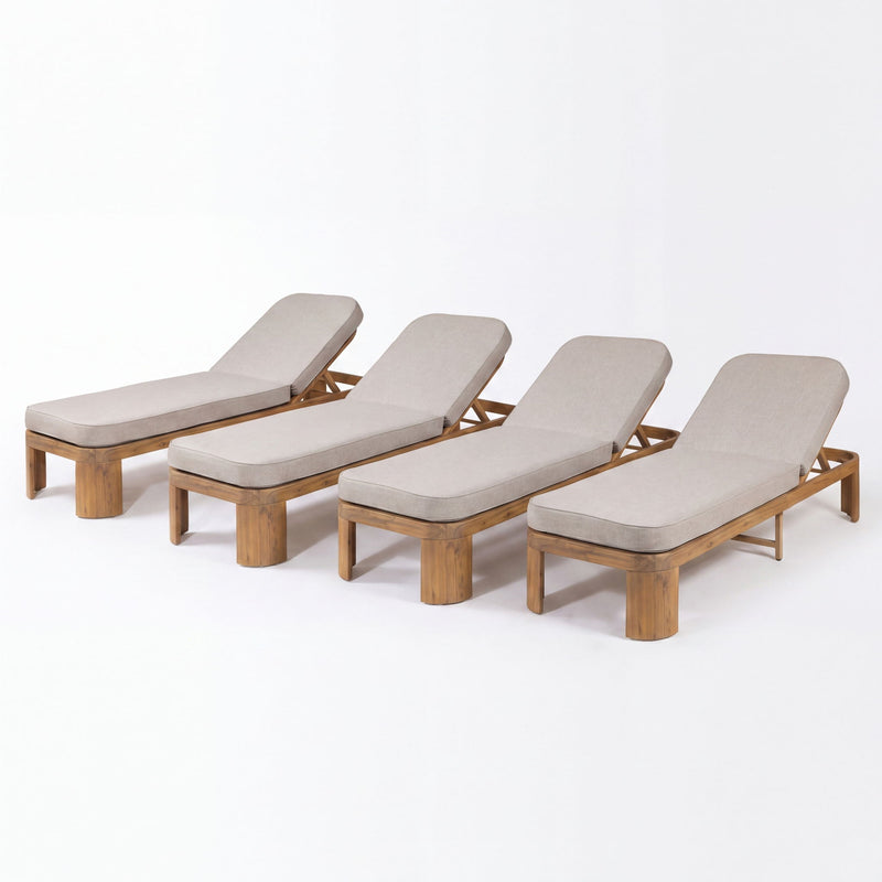 Outdoo Chaise Lounge With Cushion, 5 Position Adjustable Backrest (Set of 4) - Beige / Teak