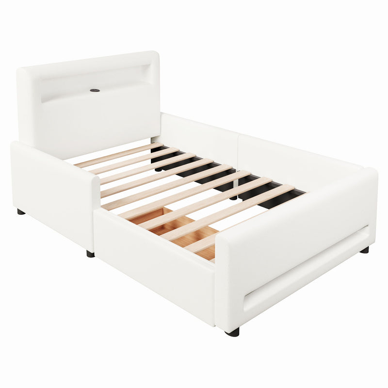 Upholstered Platform Bed With Drawer, LED Light Strip, USB Port