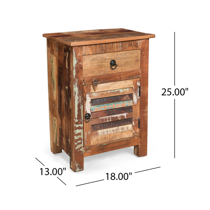 Recycled Wood Side Table With Drawer And Door - Natural