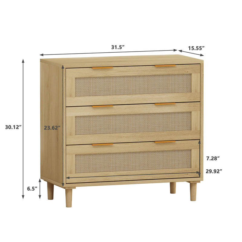 3 Drawer Storage Cabinet With Rattan Drawers For Bedroom, Living Room - Oak