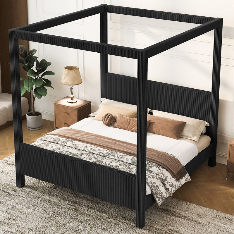 Upholstered Canopy Platform Bed With Headboard And Footboard, Vertical Ribbed Design