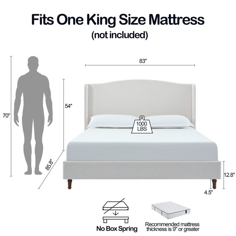 Hannah - Upholstered Wingback Bed Size / Tall Headboard Upholstered King Bed / Premium Textured Look / Minimalist Designs / No Box Spring Needed