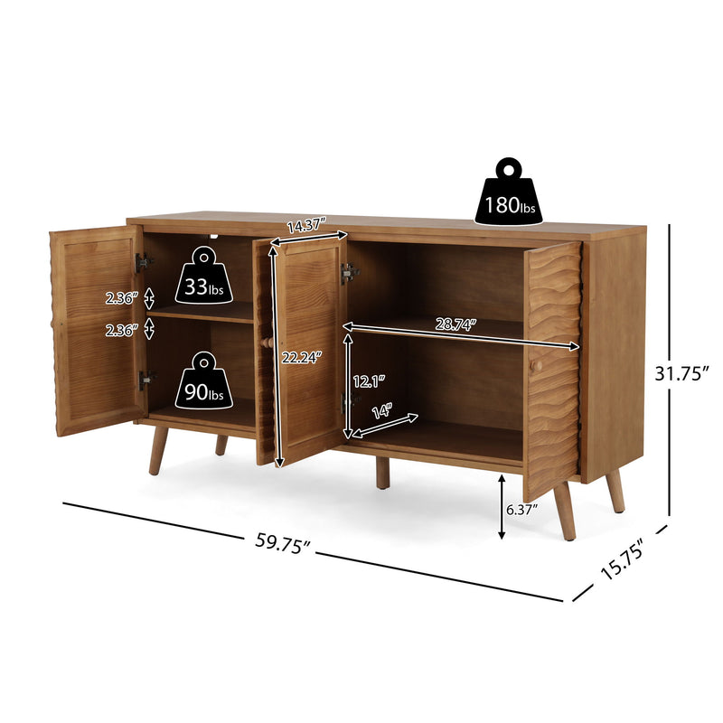 4 Door Sideboard, Wavy Pattern Doors, Adjustable Shelves - Natural