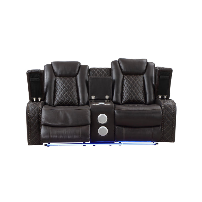 JOSHUA LEATHER CONSOLE LOVESEAT W/ PWR FR & HR-DK BROWN