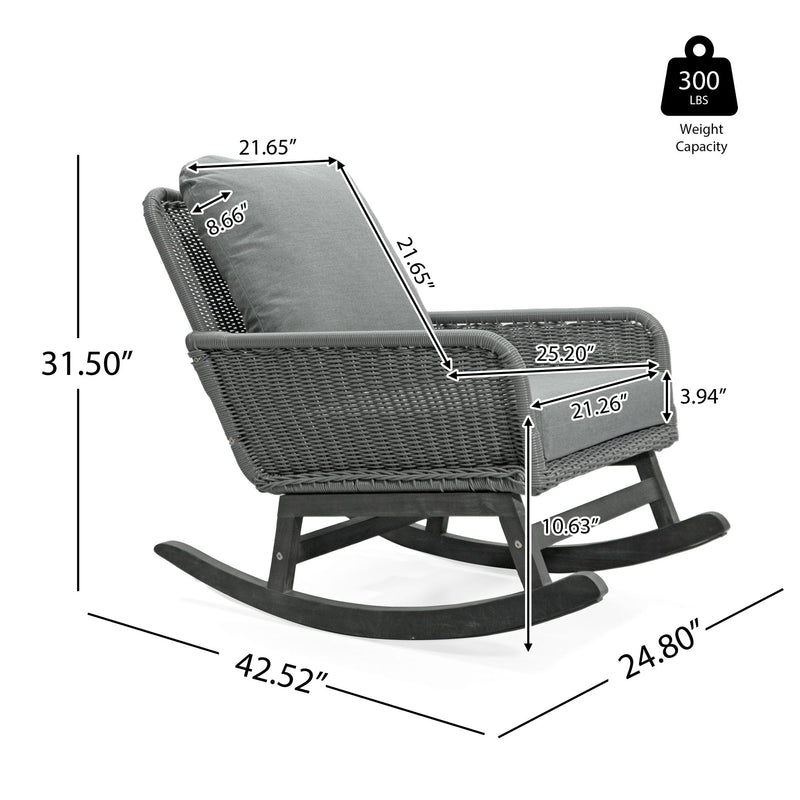 Modern 3 Piece Outdoor Seating Set With Cushioned Rattan Rocking Chairs And Wooden Accent Table