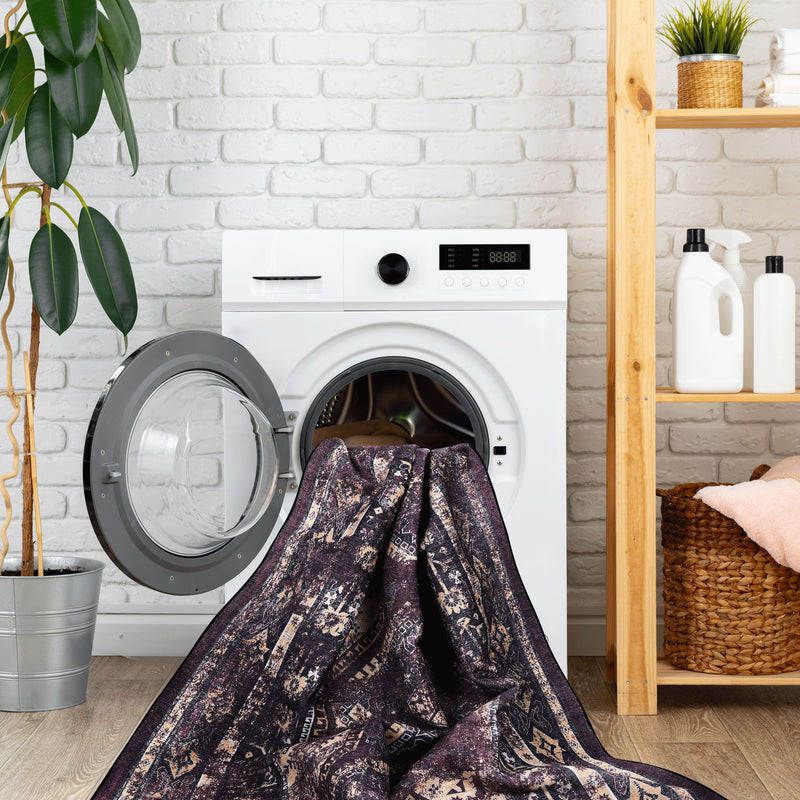 Maval - 2'6'' X 10' Washable Runner Rug - Black / Burgundy
