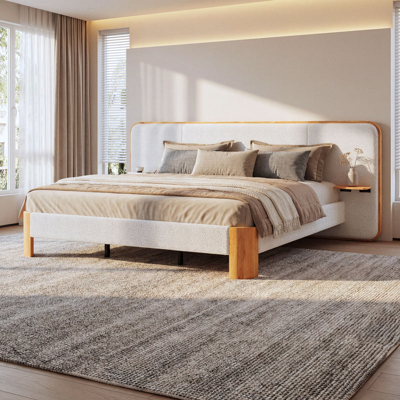 Upholstered Platform Bed Frame With Curved Headboard, Built-In Floating Shelves