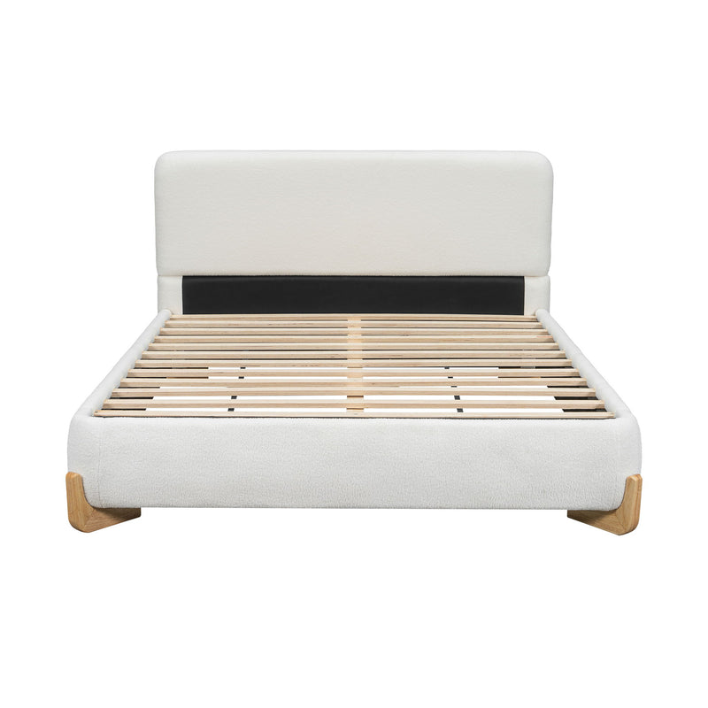 Queen Size Upholstered Bed With 12 Slats Support - White