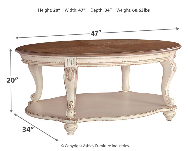 Realyn - Oval Cocktail Table - White / Brown