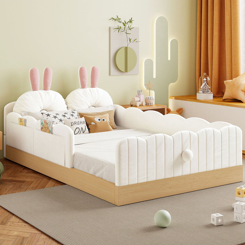 Platform Bed With Animal Pillows And Storage Bags