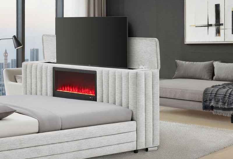 Elias - King Bed With Immersive Sound Speaker, LED, TV Lift, And Fireplace - Gray