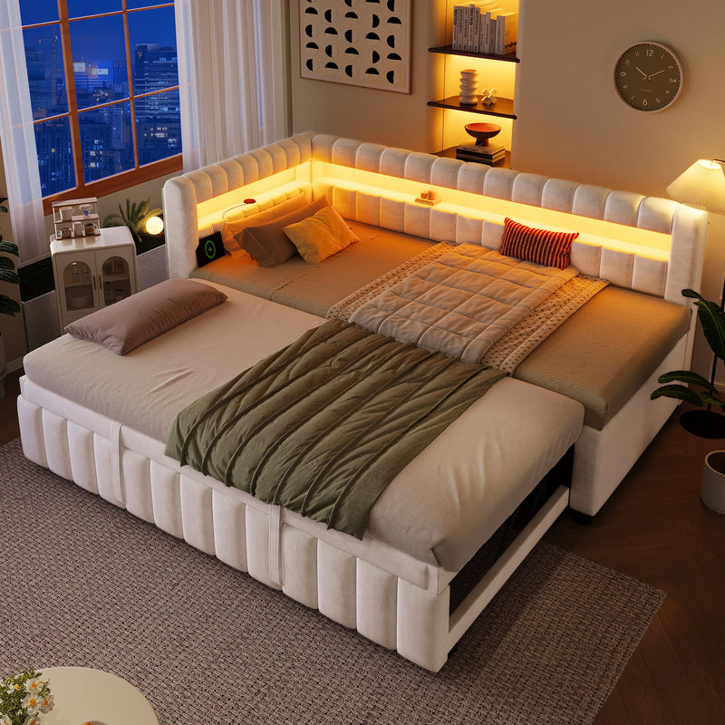 Upholstered Daybed With LED Lights, USB Charging, Pull Out Trundle Bed