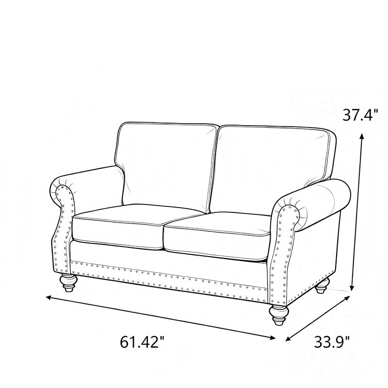 Loveseat Sofa With Nailhead Detail & Turned Legs, 2 Seater Upholstered Couch