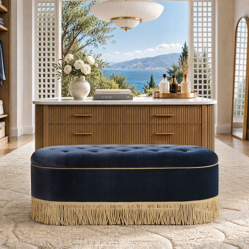 Melinda - Oval Tufted Bullion Fringe Storage Bench