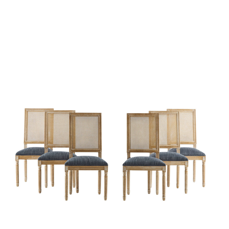 French Country Dining Chair With Rectangular Cane Backrest And Smooth Upholstered Seating