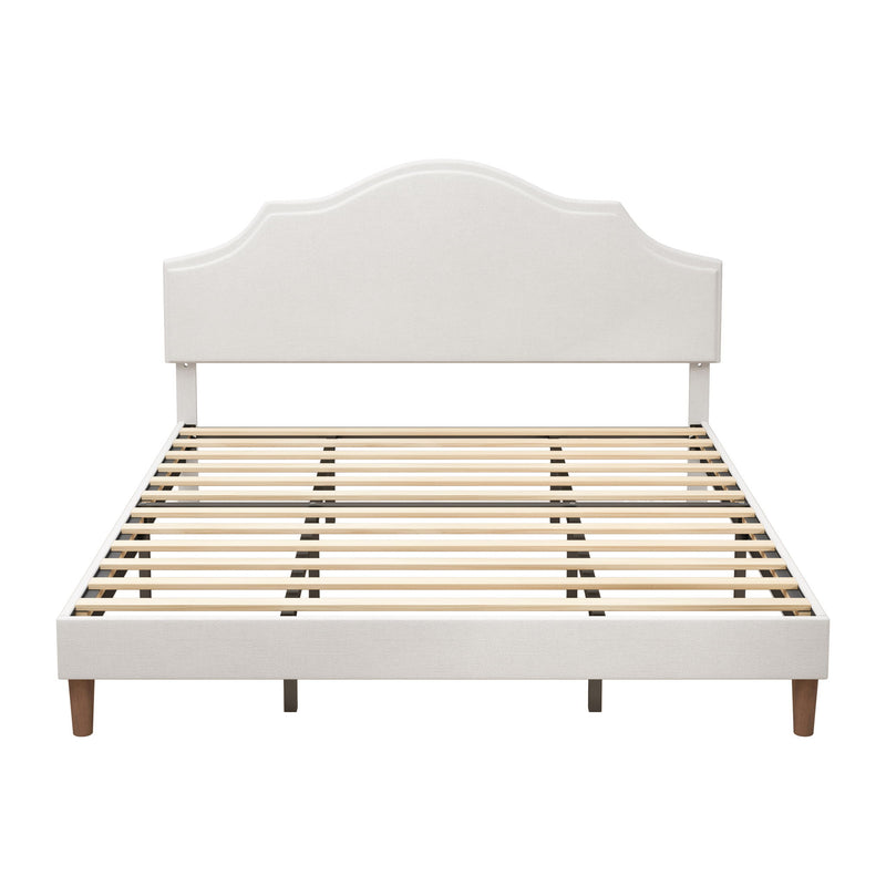 King Size, Upholstered Platform Bed Frame With Adjustable Headboard, No Box Spring Needed - White