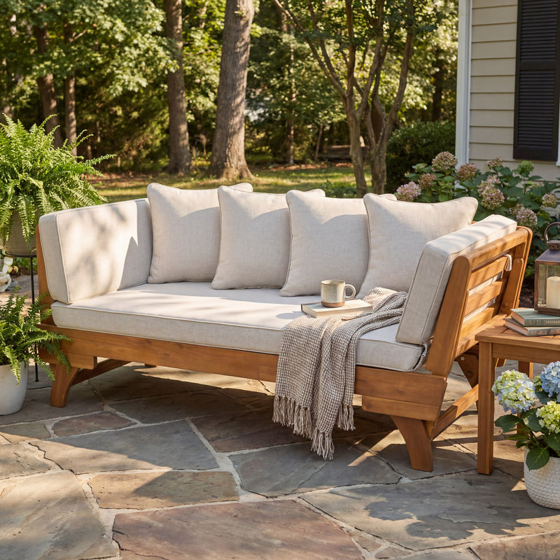 Outdoor Patio Daybed Sofa With Foldable Arm, 3 Seat With 4 Back Pillows - Beige / Teak