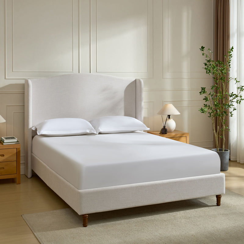 Hannah - Upholstered Wingback Bed Size / Tall Headboard Upholstered King Bed / Premium Textured Look / Minimalist Designs / No Box Spring Needed