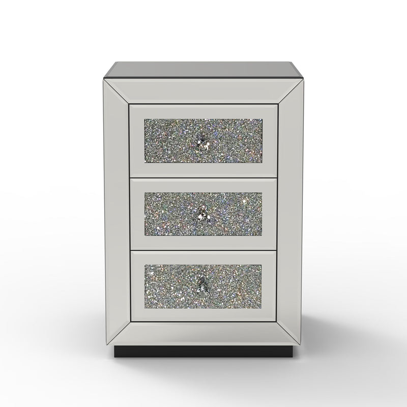 3 Drawer Nightstand With Glass Accents, Bedside Table For Bedroom - Silver