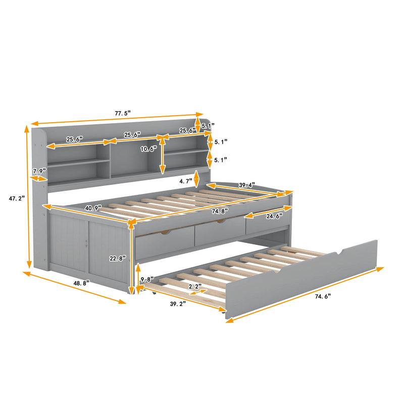 Captain Bed With Built In Bookshelves, 3 Storage Drawers, And Trundle